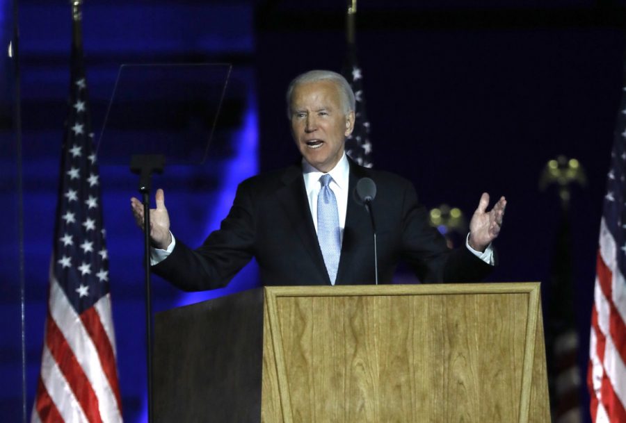 President-elect Joe Biden addresses supporters at Chase Center in Wilmington, Del., on Nov, 7, 2020, after being named the winner of the Nov. 3 election.