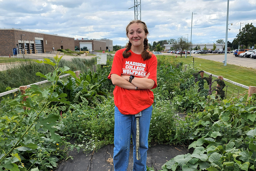 Peer Health Educator Lina DeMarte volunteers to care for the garden at the Madison College Truax Campus to provide fresh produce at the food pantry during the summer.