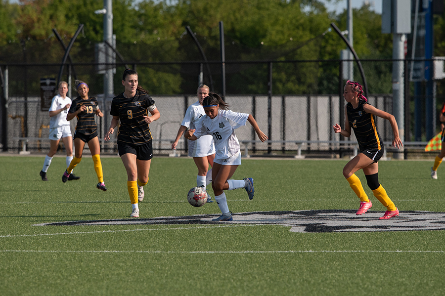 Madison College forward Atziry Ocampo (16) gets control of the ball against Rock Valley.