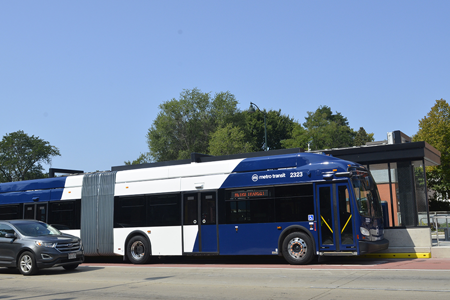 One of the new electric Madison Metro buses pulls up to a Bus Rapid Transit stop during a test run in mid-September.