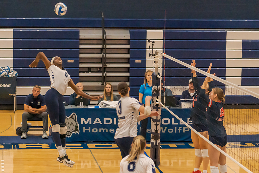 Madison College's Courtney Gorum spikes the ball during a match in Redsten Gymnasium on Tuesday, Oct. 8, 2024.