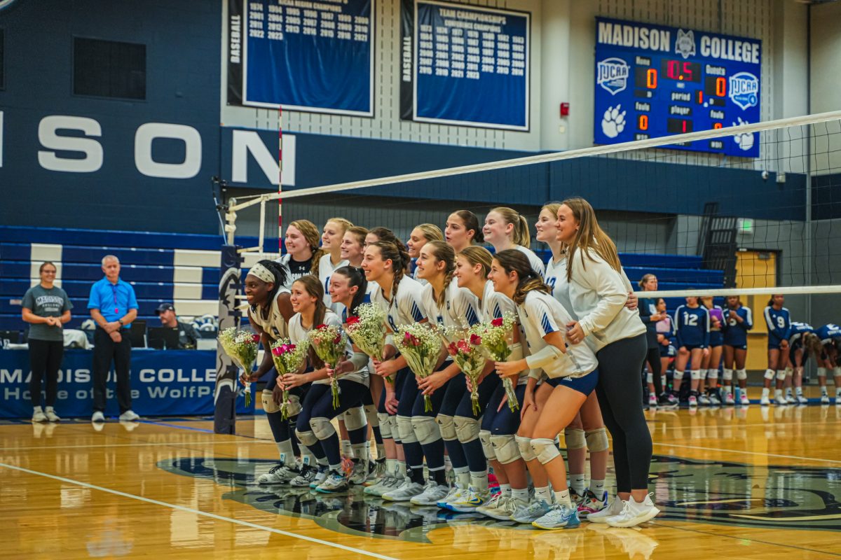 The Madison College volleyball team celebrates sophomore night on Monday, Oct. 21, 2024.