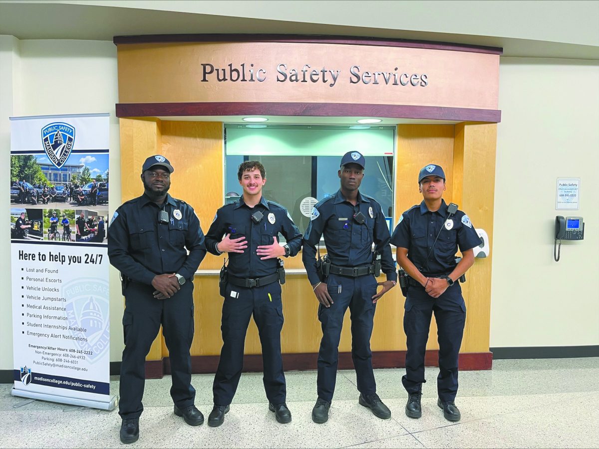 Madison College Public Safety Student Officers for this semester are, from left:  Mola, Lorenzo De Souza, Julius Ogari and Peter Martinez.