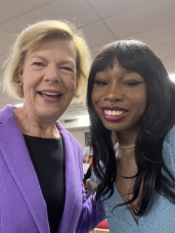 Sen. Tammy Baldwin and Madison College student Nevaeh Jackson-Winters, at the Obama Walz campaign rally, Oct. 22.