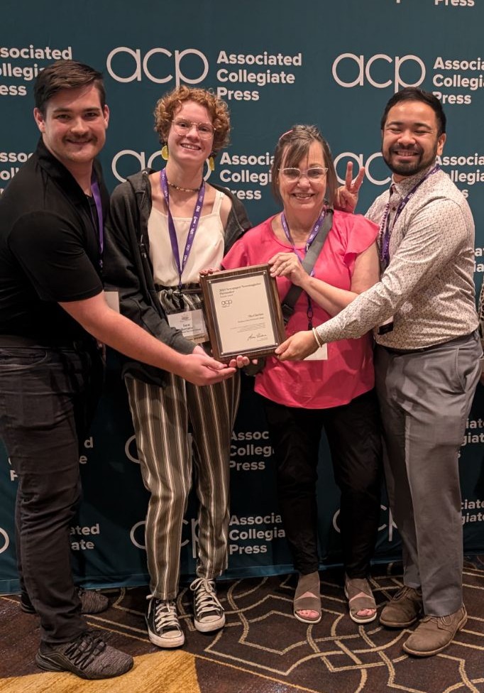 From left to right, Kodiak Koessl, Sara Bernabe, Kelly Feng, and Kai Brito celebrate the Clarion's recognition at the National  College Media Convention