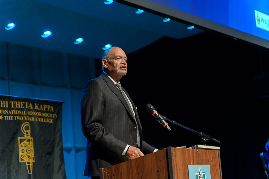 Madison College President Dr. Jack Daniels, III, speaks at the Phi Theta Kappa induction ceremony in Mitby Theater in November.