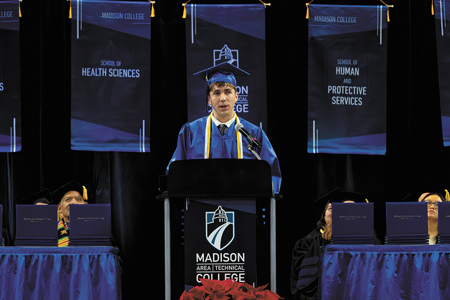 Alex Kaiser speaks at Madison College’s commencement ceremony in December.