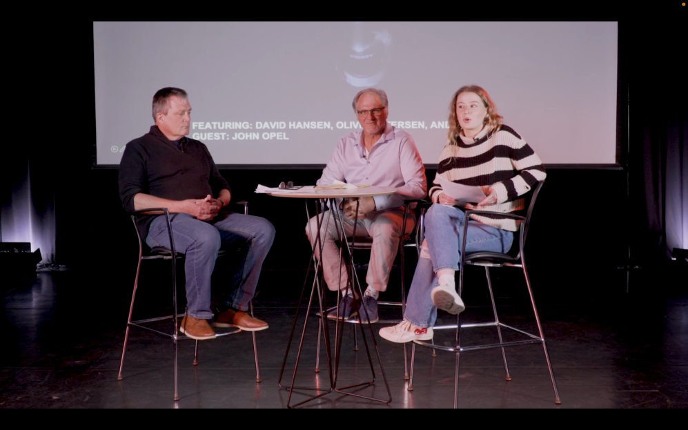 Instructor John Opel, left, joins David Hansen and Olivia Petersen for a Writer's Life Series event.