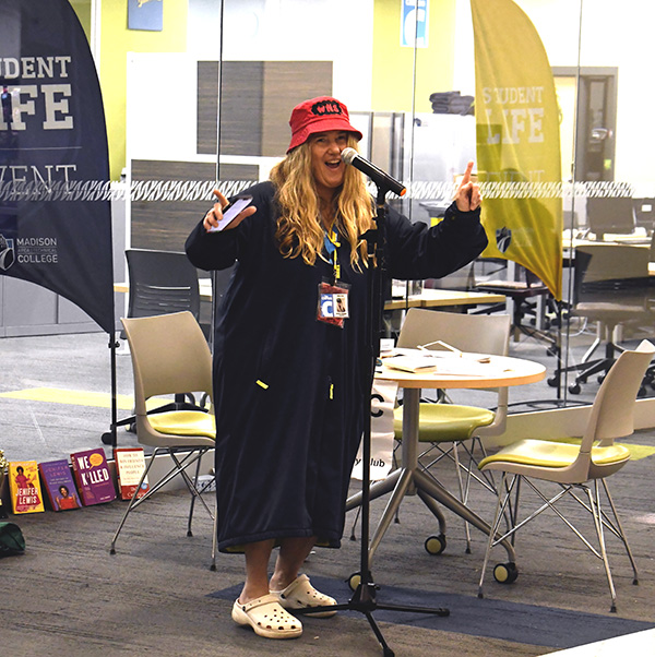 Kristine Gallagher participates in a comedy open mic outside the Truax Student Life Office. Gallagher helped establish Madison College Comedy Club last year.