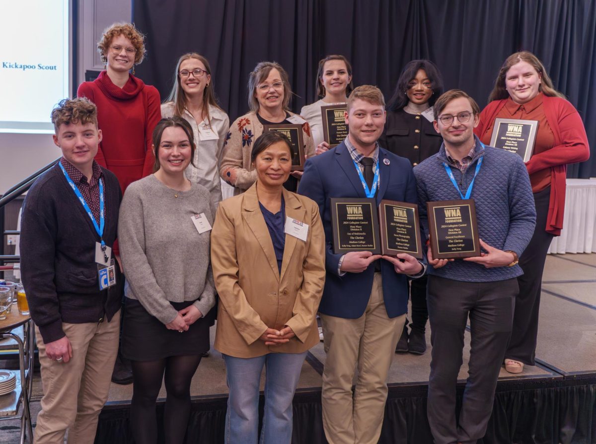 Members of The Clarion staff gather for a photograph at the Wisconsin Newspaper Association Convention. Pictured, from left, are: front row, Eli Schmidt, Kaya Mantz, Tenzin Pelmo, Hunter Radke and Jack Liska-Verdu; second row, Sara Bernabe, CiCi Cox, Kelly Feng, Paige Shapiro, Kylie Phillips and Sierra Brunner.