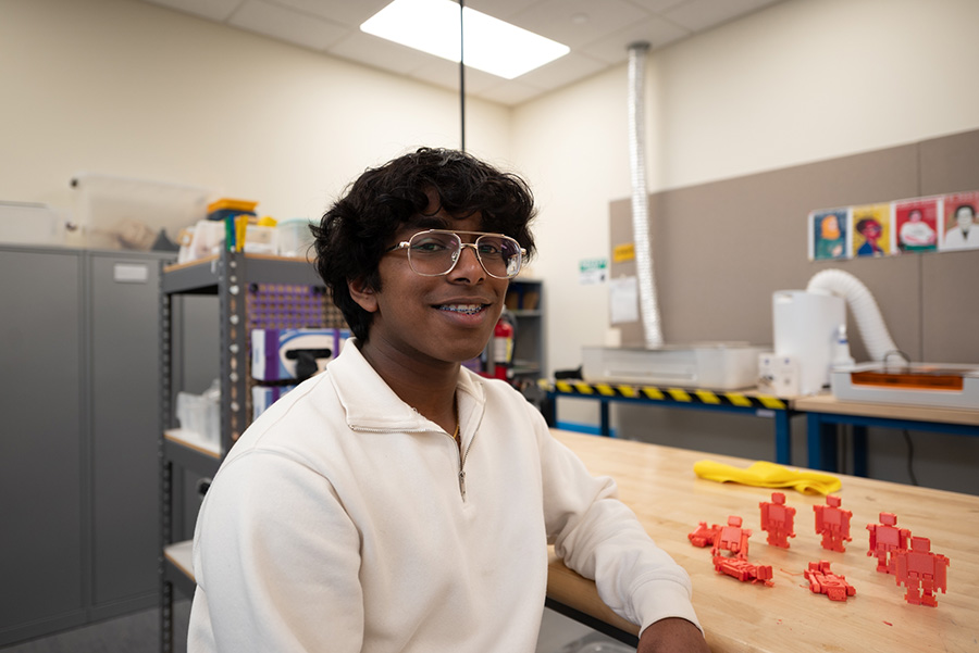 Student Rishab Kotte works in the STEM Center’s 3D Printing Lab at the Truax Campus. Kotte led efforts to create a fruit and vegetable garden at his local elementary school as part of his Eagle Scout service initiative this past fall.