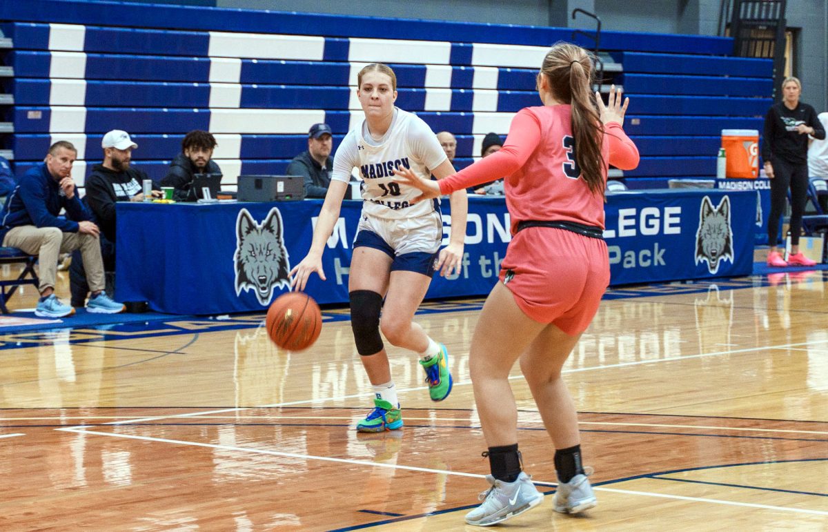 Keelyn Zwirschitz bringing the ball up court during a game on Feb. 15.